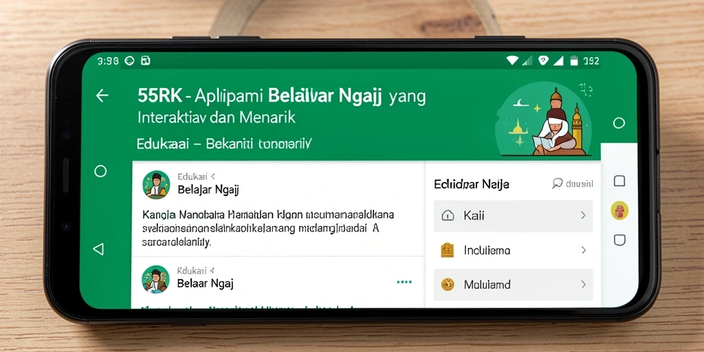 Tampilan utama aplikasi Belajar Ngaji 55RK yang interaktif.